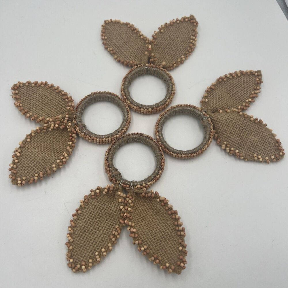 4 Nicole Miller Napkin Ring Easter Bunny Ears Beaded Burlap Tan Set Shabby Chic